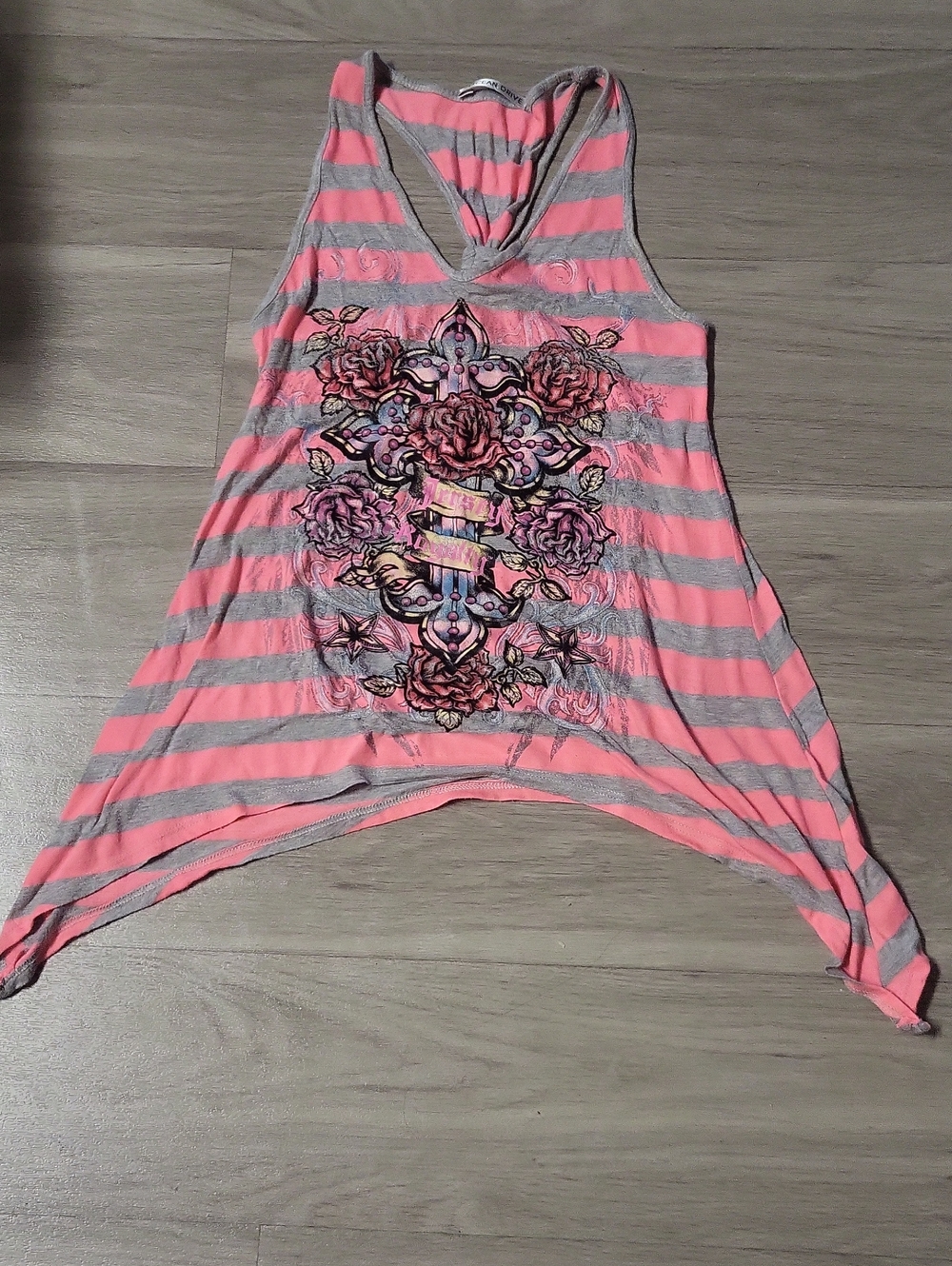 Ocean Drive Pink and Gray Striped Floral Graphic Racerback Tank